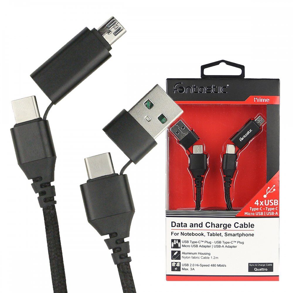 Ladekabel / Datenkabel 'Quattro' Typ C auf Typ C mit Adapter USB-A & Micro USB