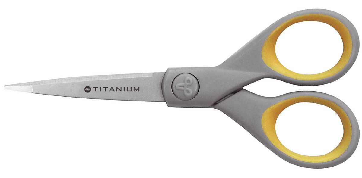 Schere Titanium Super, rostfrei, abgerundet, gerade, asymmetrisch, grau/gelb, 13cm