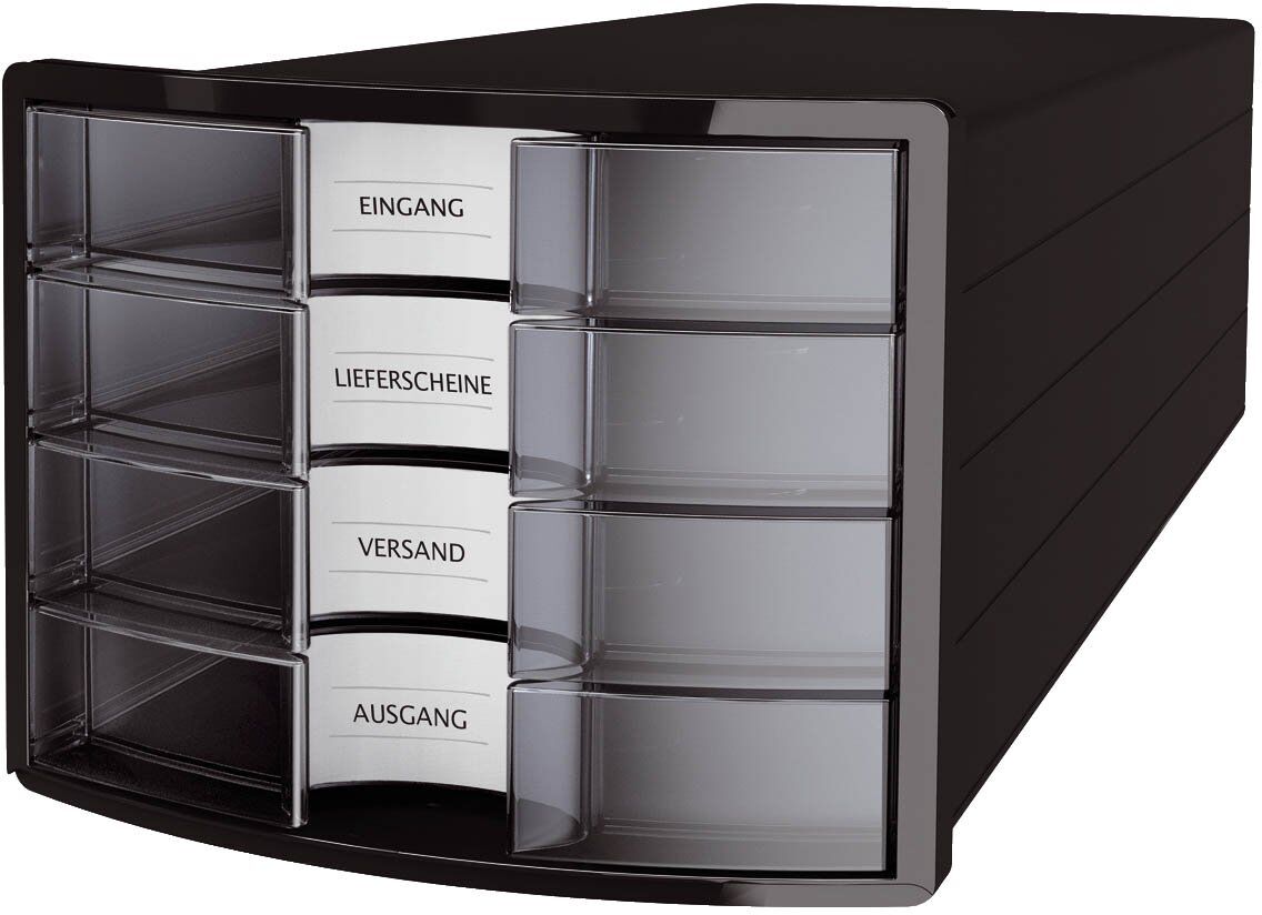 Schubladenbox IMPULS - A4/C4, 4 geschlossene Schubladen, schwarz/transluzent-klar