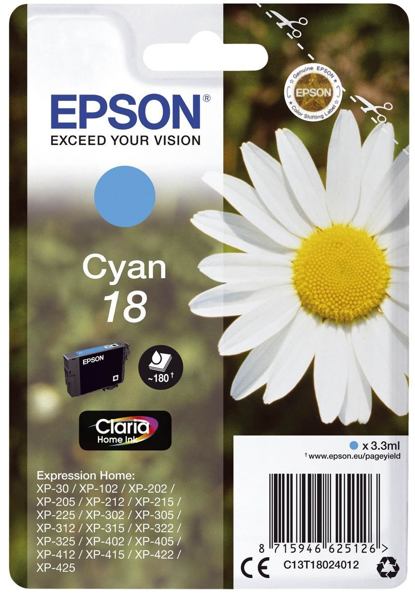Original Epson Tintenpatrone cyan (C13T18024012,18,T1802,T18024012)