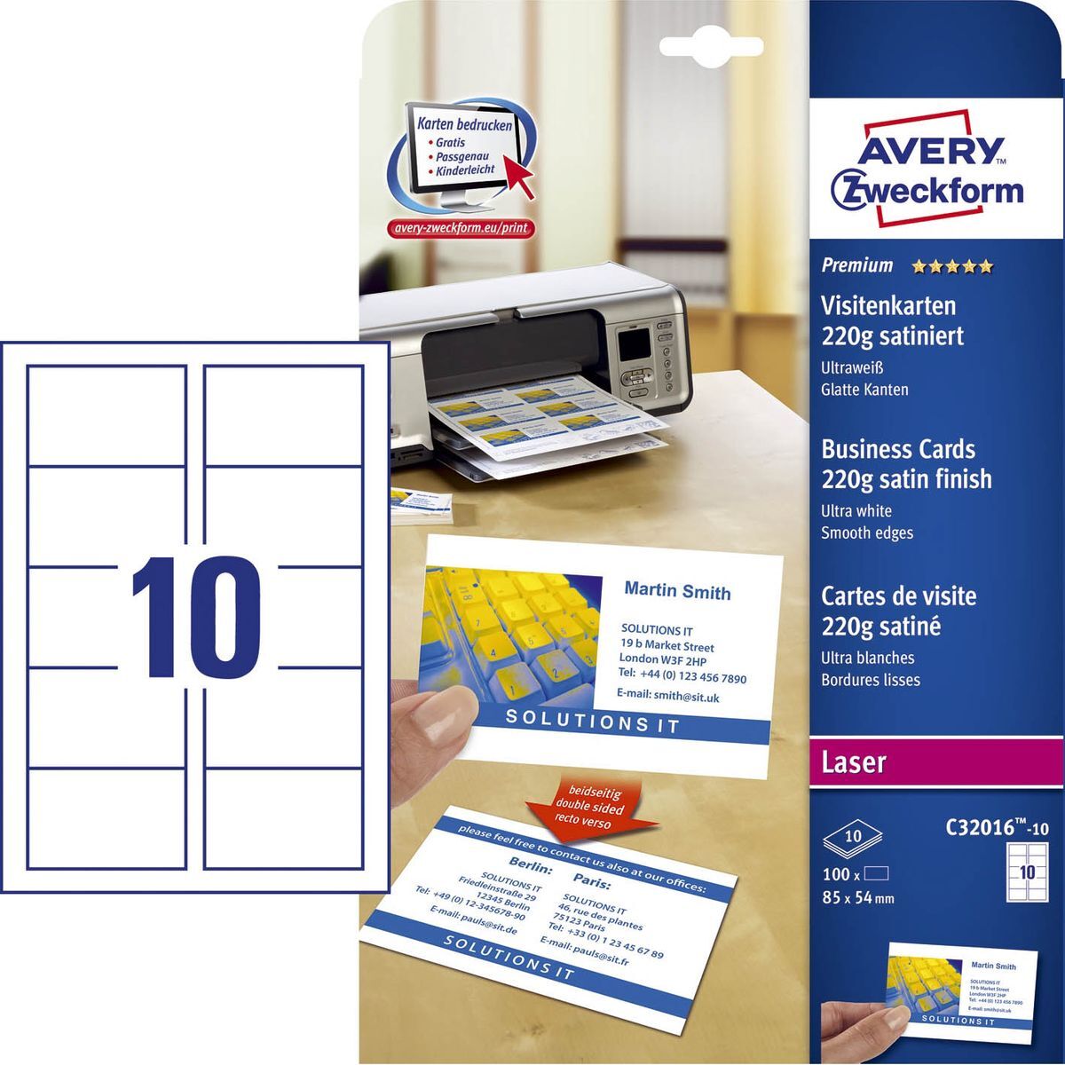 C32016-10 Premium Visitenkarten, 85 x 54 mm, beidseitig beschichtet - satiniert, 10 Blatt/100 Stück
