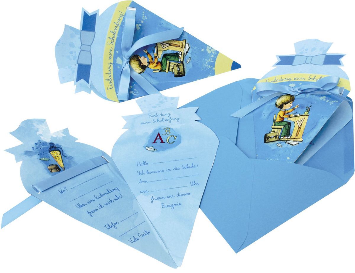 Einladungskarte Schultüte blau, 4er Blister