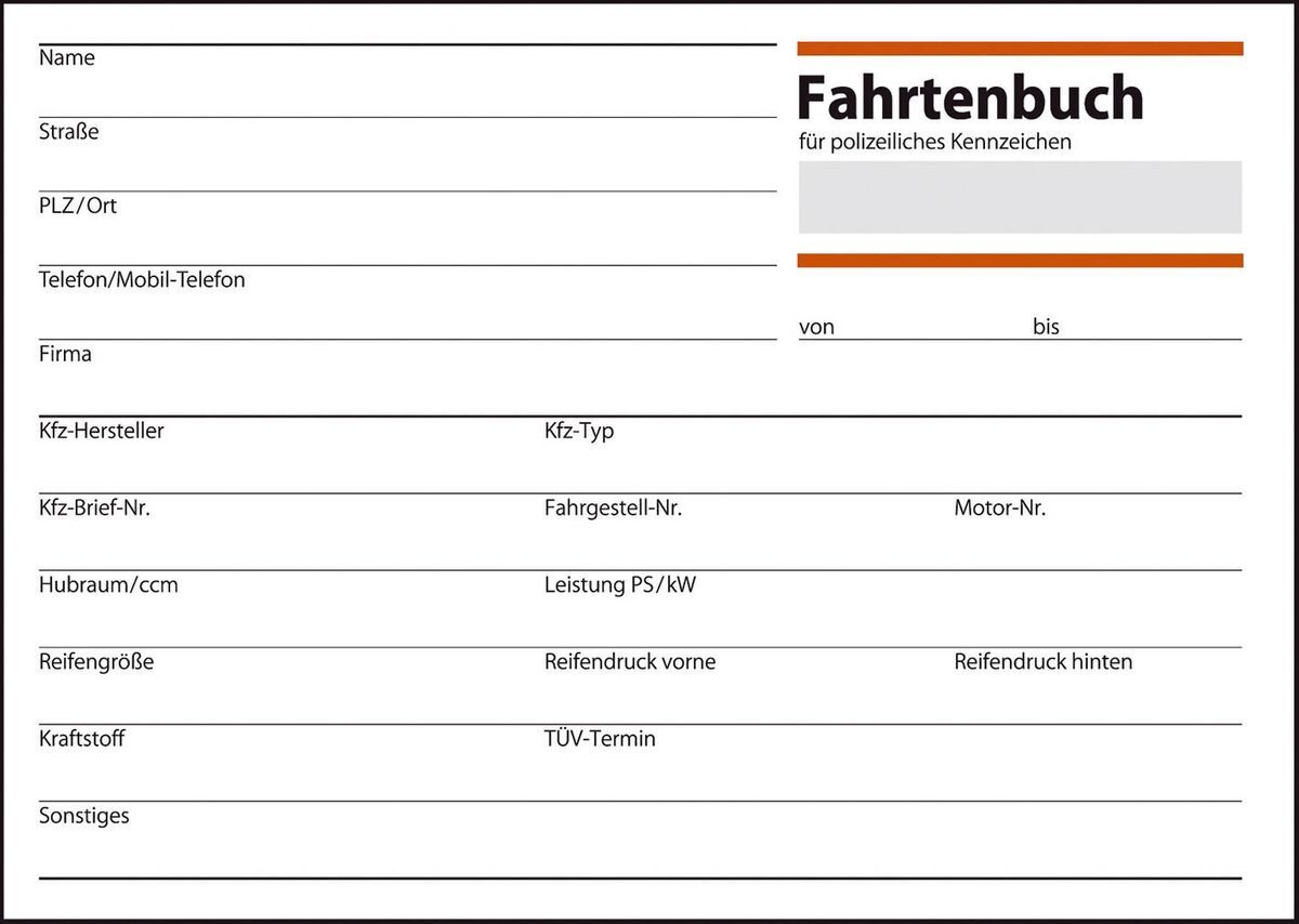 Fahrtenbuch für Pkw - mit Klammerheftung, A6 quer, 40 Blatt