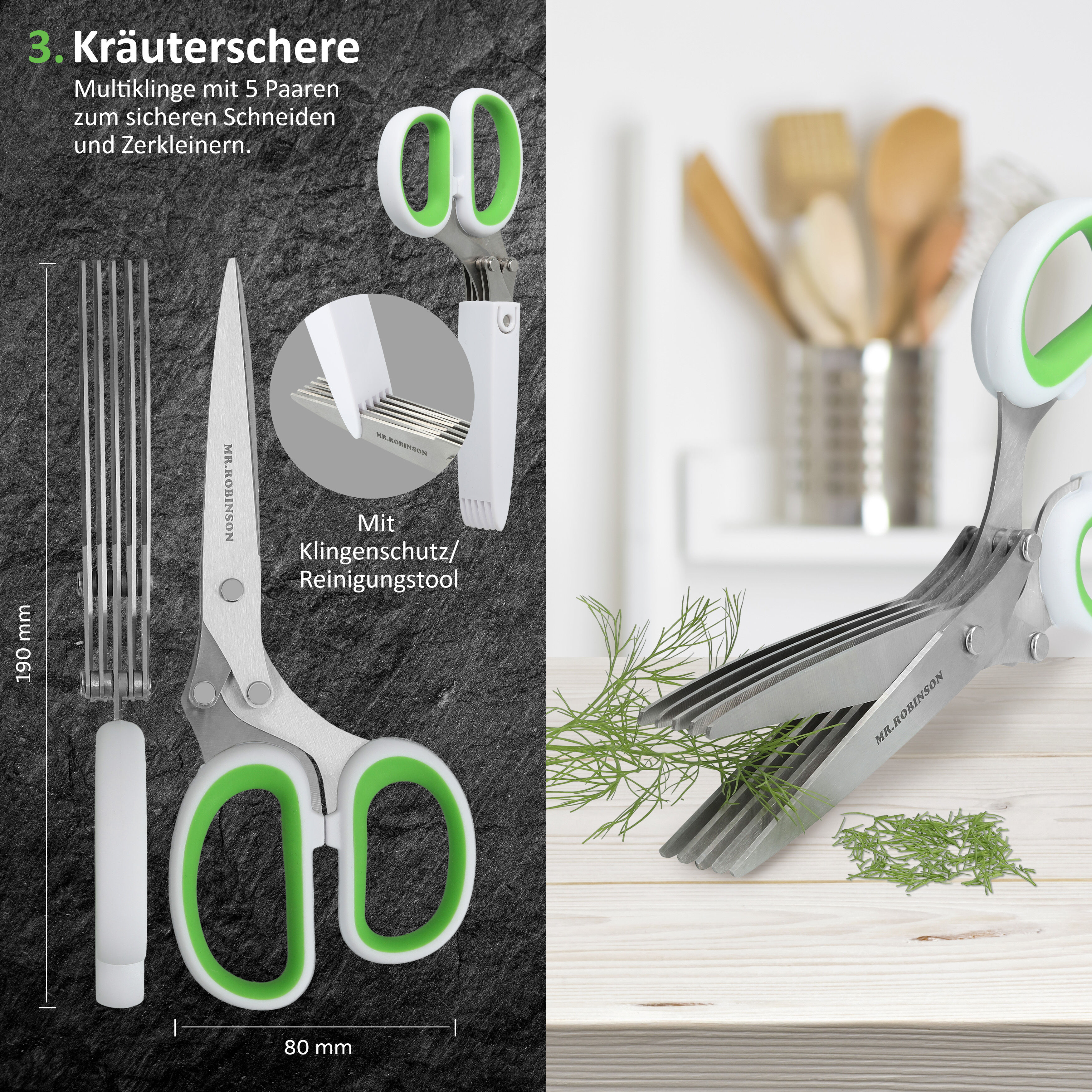 MR. ROBINSON Scheren Set - Allzweckschere Küchenschere mit vielen Funktionen - Kräuterschere mit 5fach Klinge - Geflügelschere mit Knochenbrecher - Hochwertiges Scherenset auch für Linkshänder