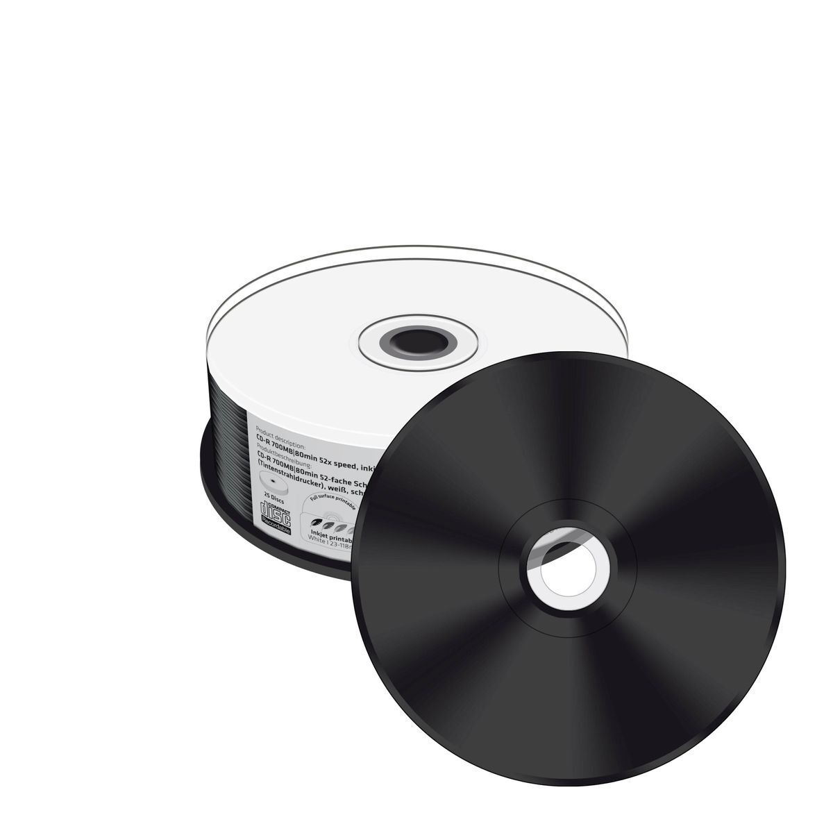 CD-R 700MB, 80min 52-fache Schreibgeschwindigkeit, vollflächig bedruckbar (Tintenstrahldrucker), schwarze Schreibseite, 25er Cakebox