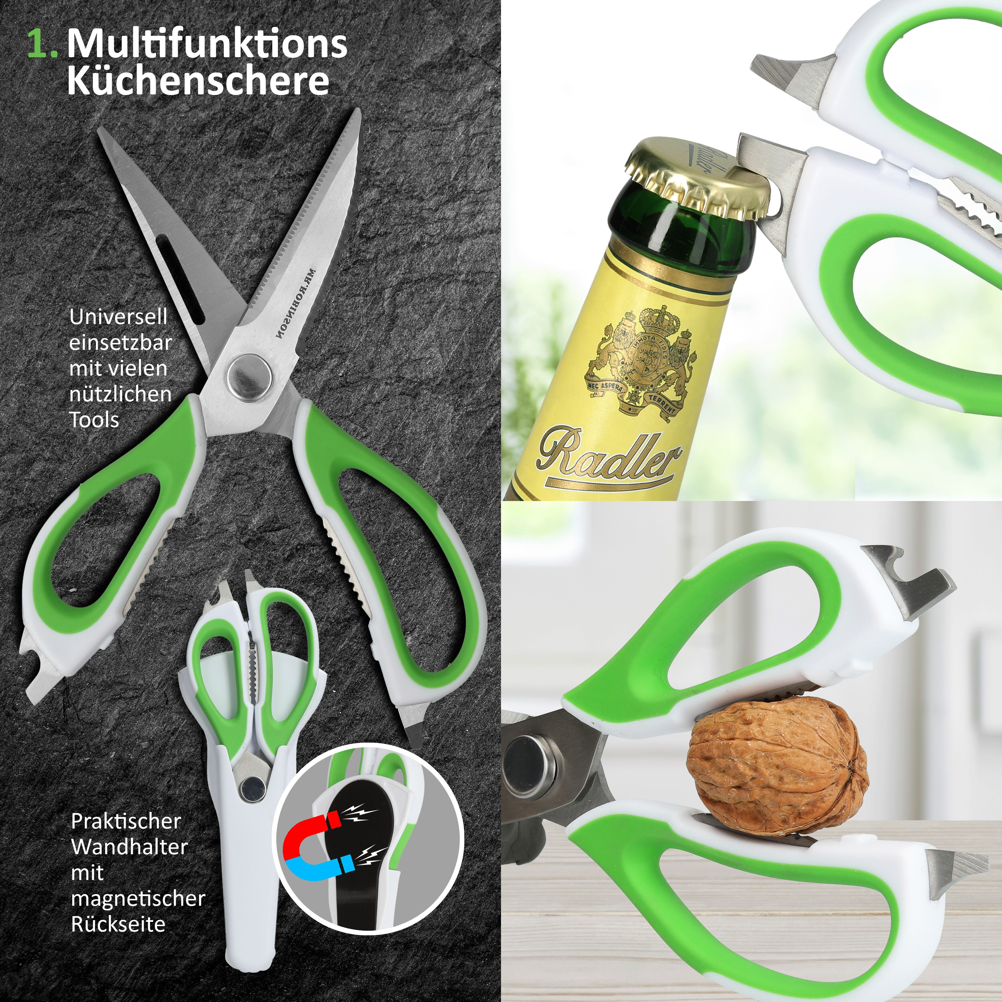MR. ROBINSON Scheren Set - Allzweckschere Küchenschere mit vielen Funktionen - Kräuterschere mit 5fach Klinge - Geflügelschere mit Knochenbrecher - Hochwertiges Scherenset auch für Linkshänder