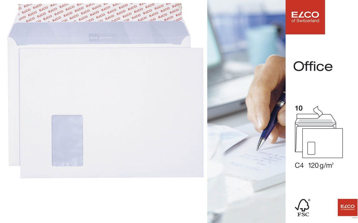 Briefumschlag Office - C4, hochweiß, haftklebend, mit Fenster, 80 g/qm, 10 Stück