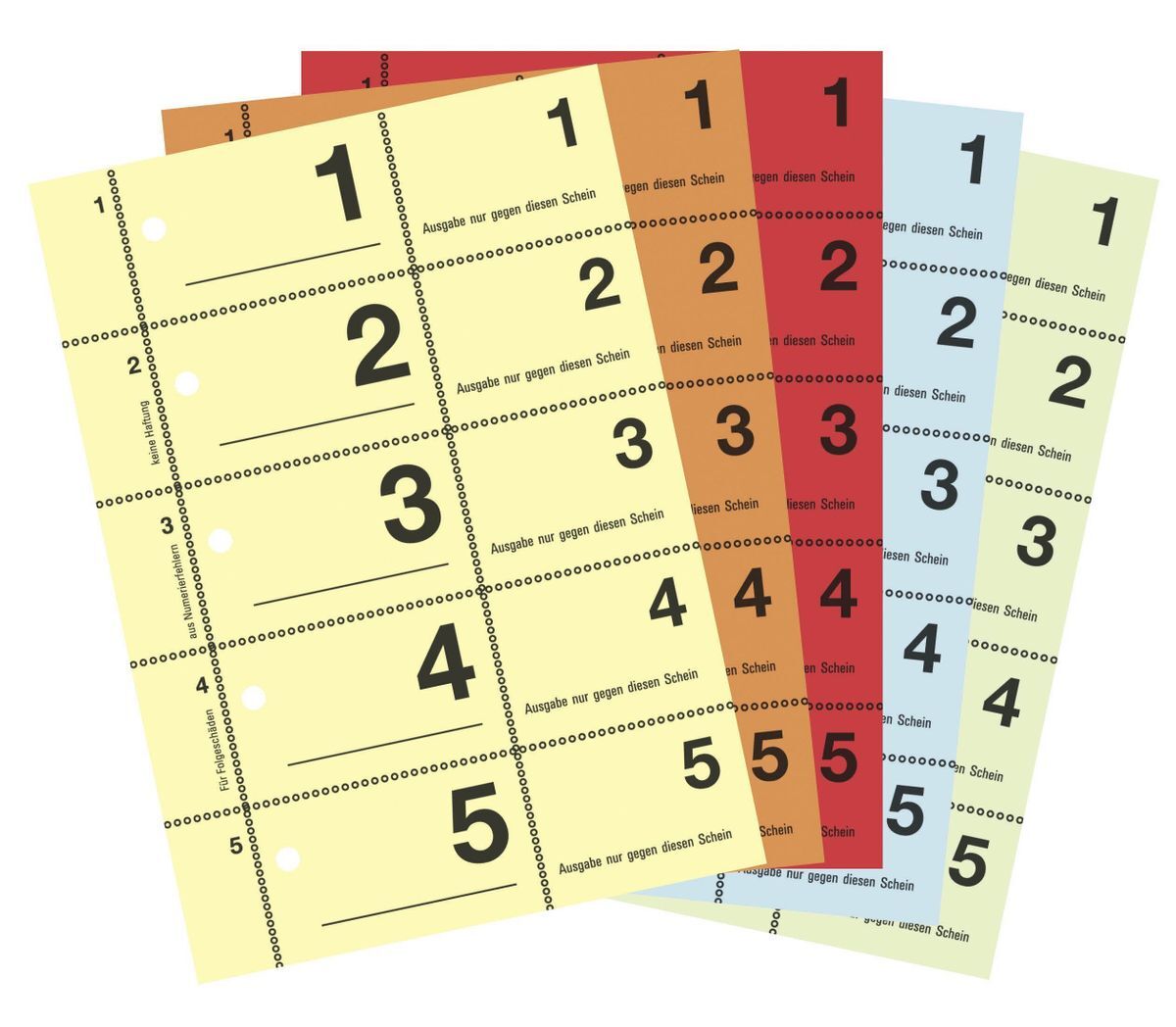 867 Garderobennummern, DIN A6, farbig sortiert, 100 Blatt / Block, gelb, orange, rot, blau, grün