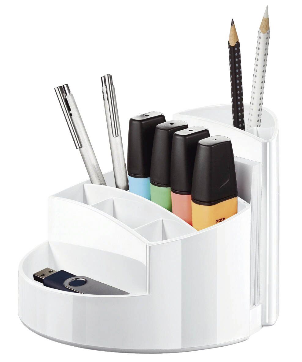 Schreibtischköcher RONDO - 9 Fächer, Gummifüße, Briefschlitz, hochglänzend, weiß