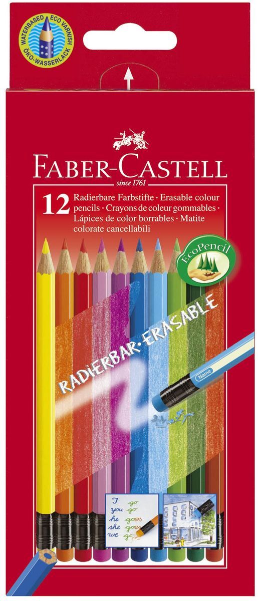 Buntstift Radierbare - 12 Farben sortiert mit Radiergummi, Kartonetui