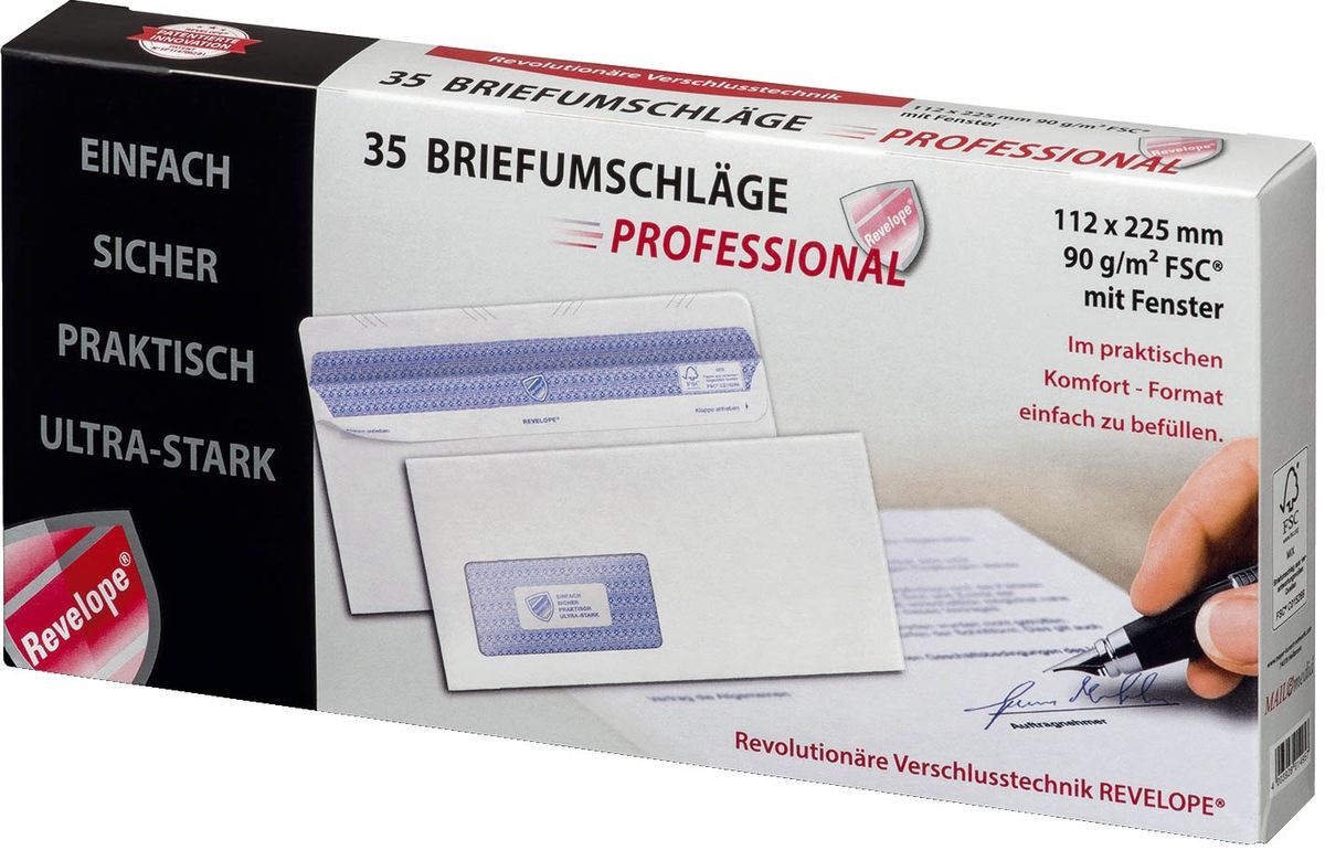 Briefumschlag Revelope® - 112 x 225 mm, m. Fenster, weiß,  90 g/qm, Innendruck, Revelope-Klebung, 35 Stück