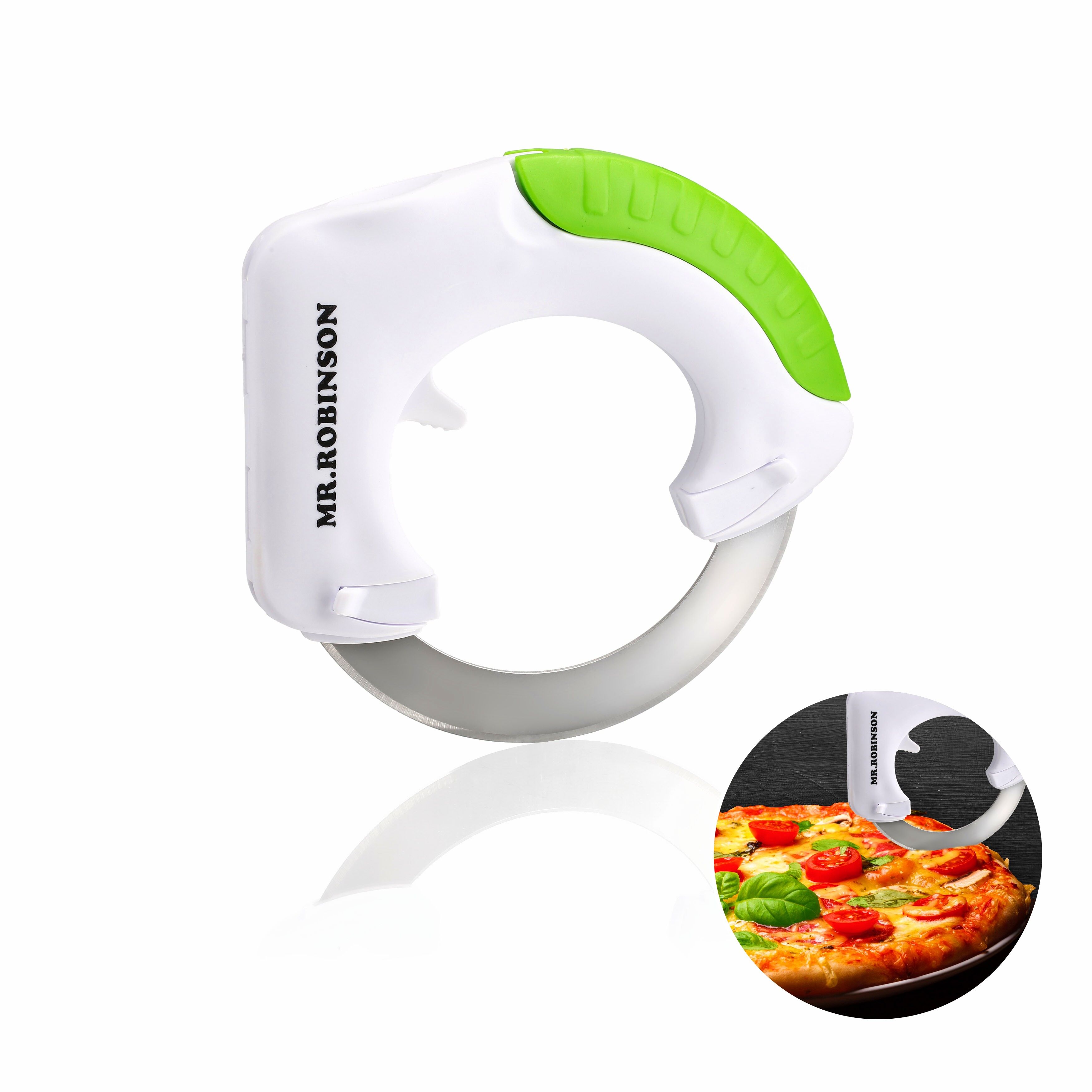 MR.ROBINSON Pizzaschneider - Einzigartiges ergonomisches Design - Pizzaroller mit zuverlässig scharfer Klinge aus hochwertigem Edelstahl 