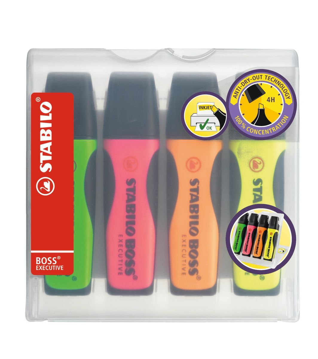 Premium-Textmarker - STABILO BOSS EXECUTIVE - 4er Pack - grün, pink, orange, gelb