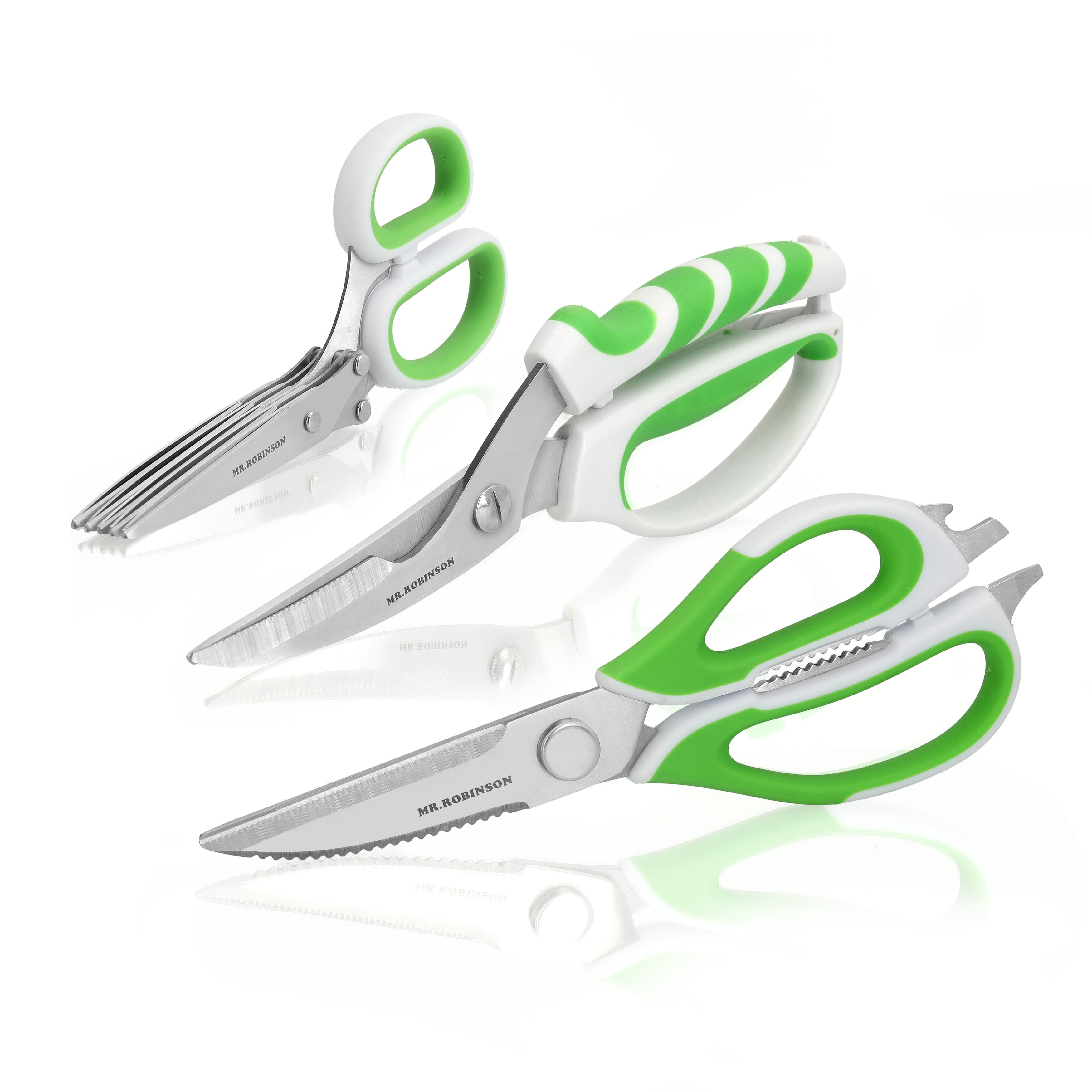 MR. ROBINSON Scheren Set - Allzweckschere Küchenschere mit vielen Funktionen - Kräuterschere mit 5fach Klinge - Geflügelschere mit Knochenbrecher - Hochwertiges Scherenset auch für Linkshänder