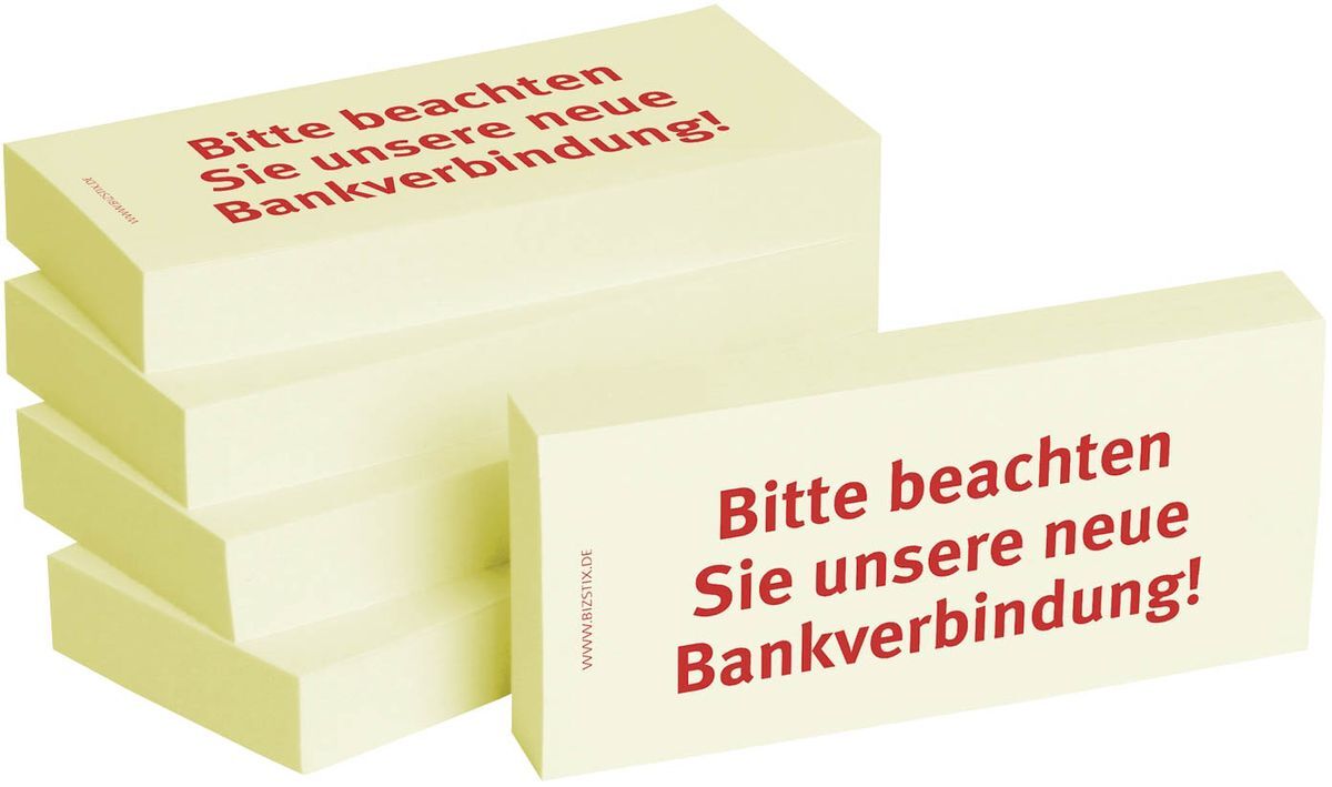 Haftnotizen "Bitte beachten Sie unsere neue Bankverbindung" - 75 x 35 mm, 5x 100 Blatt