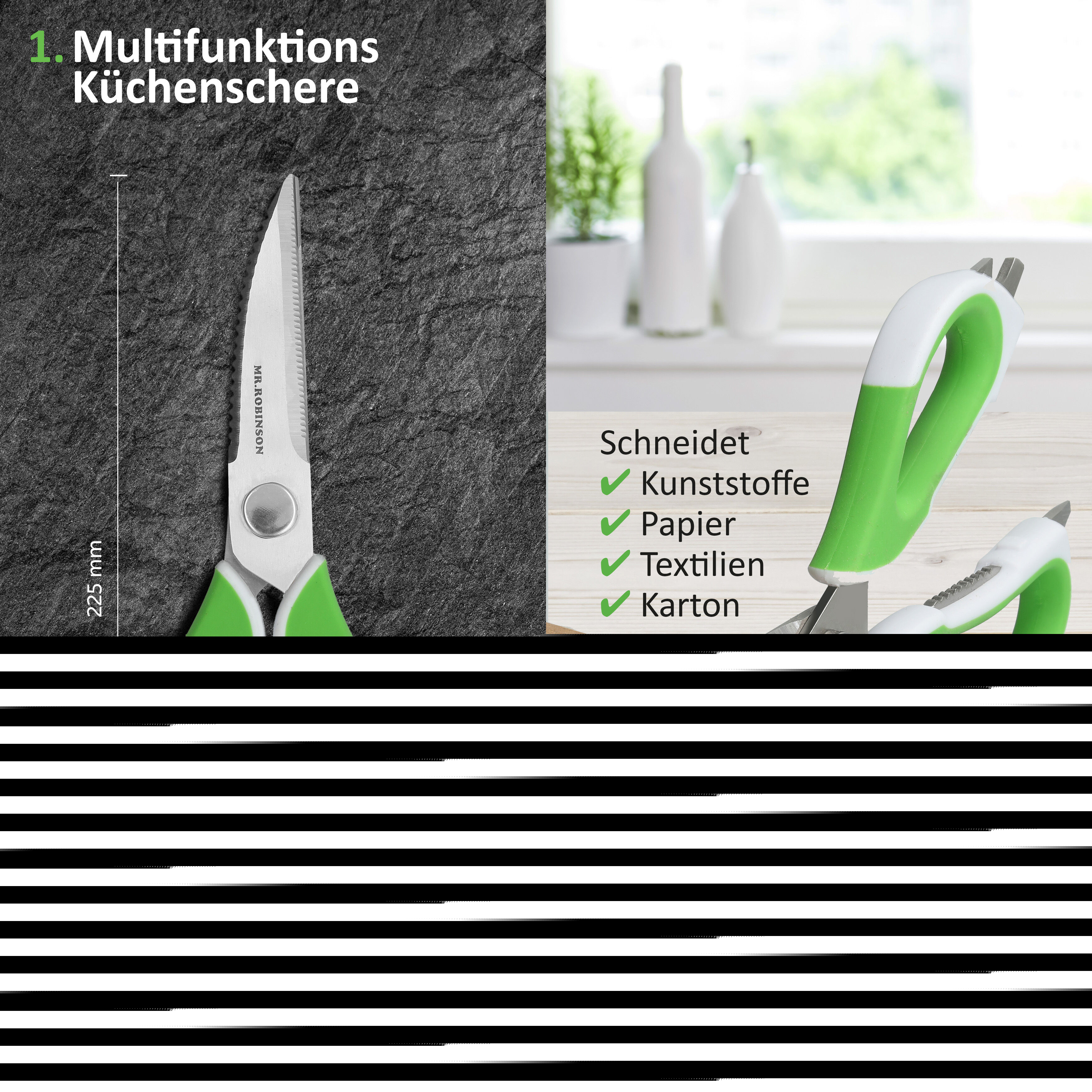 MR. ROBINSON Scheren Set - Allzweckschere Küchenschere mit vielen Funktionen - Kräuterschere mit 5fach Klinge - Geflügelschere mit Knochenbrecher - Hochwertiges Scherenset auch für Linkshänder