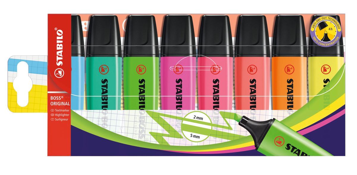 Textmarker - STABILO BOSS ORIGINAL - 8er Pack - mit 8 verschiedenen Farben