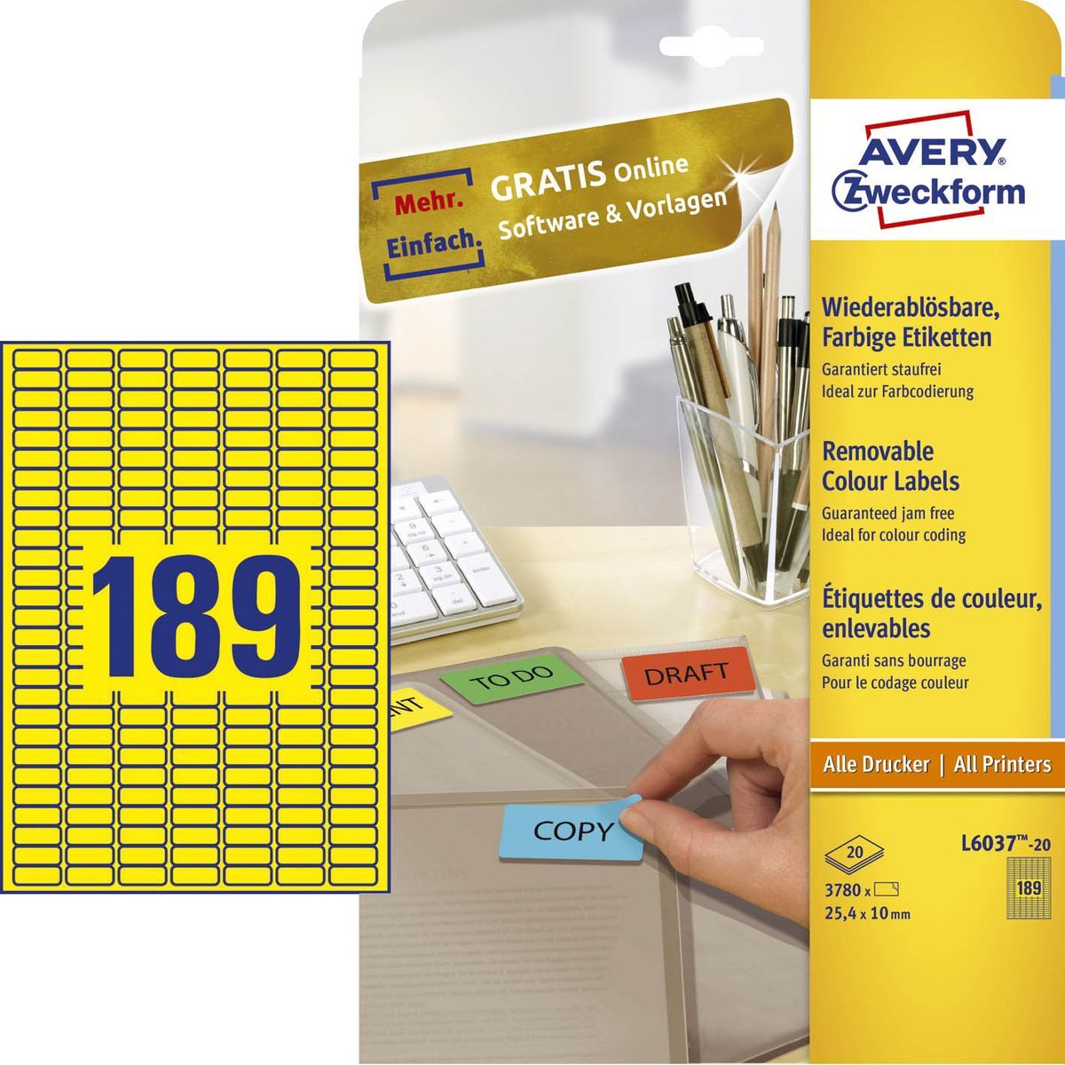 L6037-20 Etiketten - 25,4 x 10 mm, gelb, 3.780 Etiketten/20 Blatt, wiederablösbar