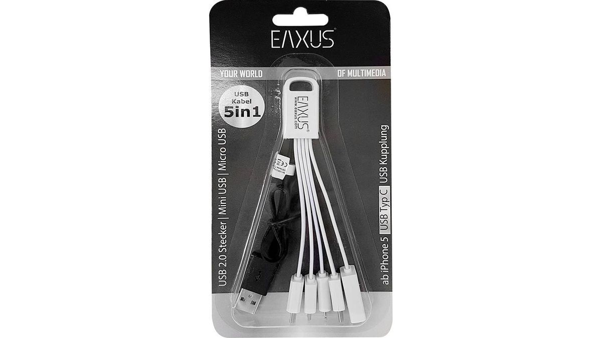 Ladekabel 5-in-1 mit Mini, Micro-USB Stecker, Typ C, ab iPhone 5 bis iPhone 13