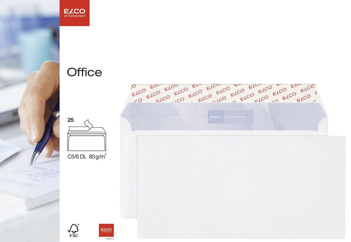 Briefumschlag Office - C6/5, hochweiß, haftkelbend, Innendruck, ohne Fenster, 80 g/qm, 25 Stück.