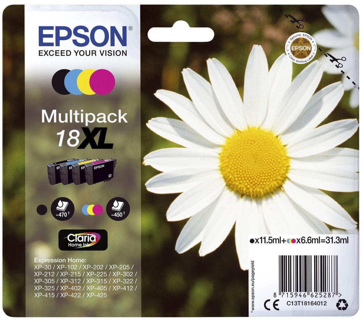 Original Epson Tintenpatrone MultiPack Bk,C,M,Y (C13T18164012,18XL,T1816,T18164012)
