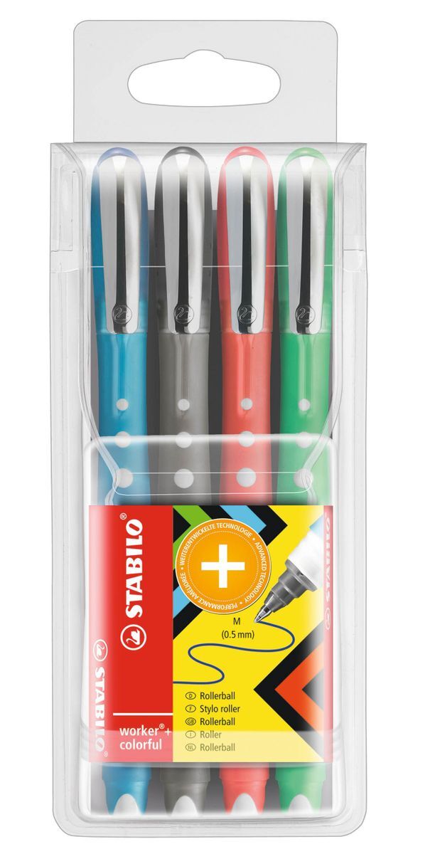 Tintenroller - STABILO worker+ colorful - medium - 4er Pack - grün, rot, blau, schwarz (sortiert)