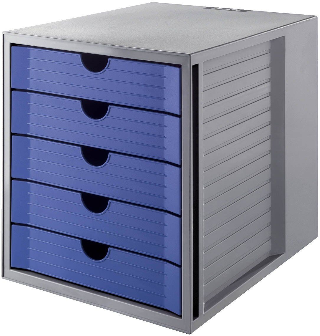 Schubladenbox SYSTEMBOX KARMA - A4/C4, 5 geschlossene Schubladen, grau-öko-blau