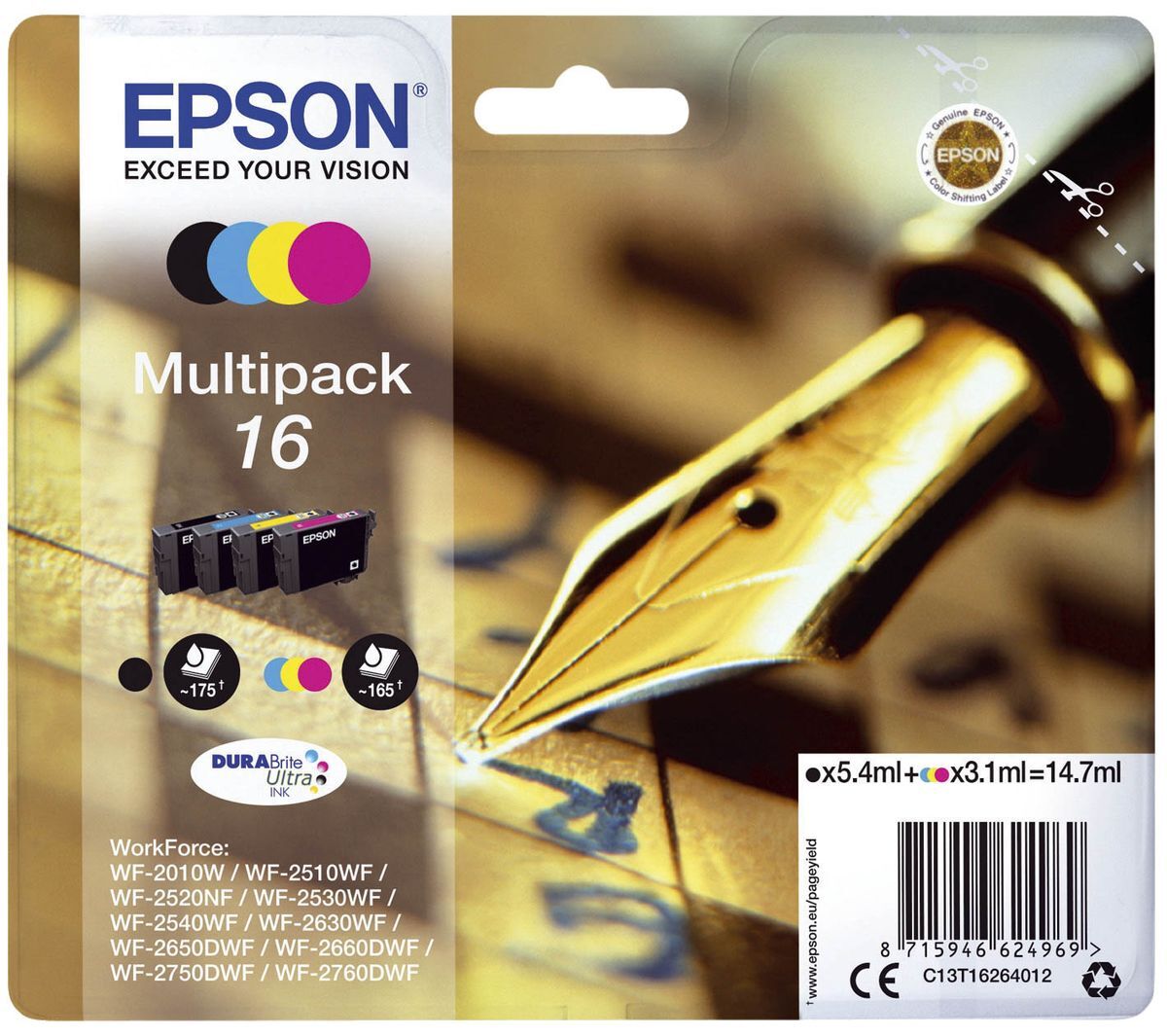 Original Epson Tintenpatrone MultiPack Bk,C,M,Y (C13T16264012,16,T1626,T16264012)