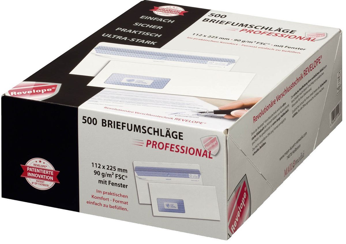 Briefumschlag Revelope® - 112 x 225 mm, m. Fenster, weiß,  90 g/qm, Innendruck, Revelope-Klebung, 500 Stück