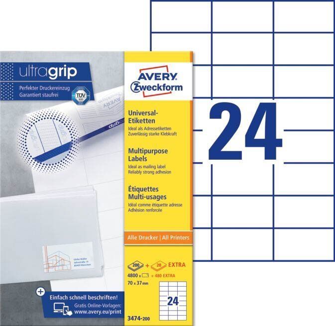 3474-200 Universal-Etiketten ultragrip - 70 x 37 mm, weiß, 5.280 Etiketten, permanent