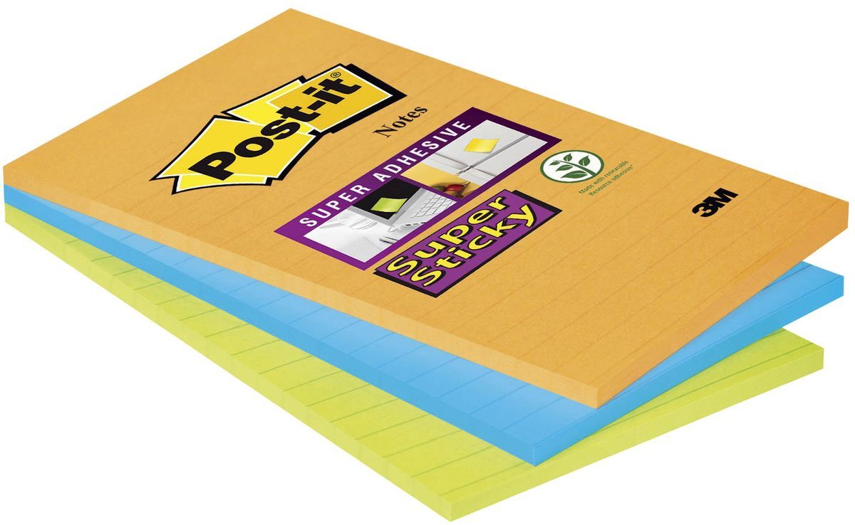 Haftnotizen Super Sticky Notes Ultrafarben - 102 x 152 mm, liniert, 3x 45 Blatt