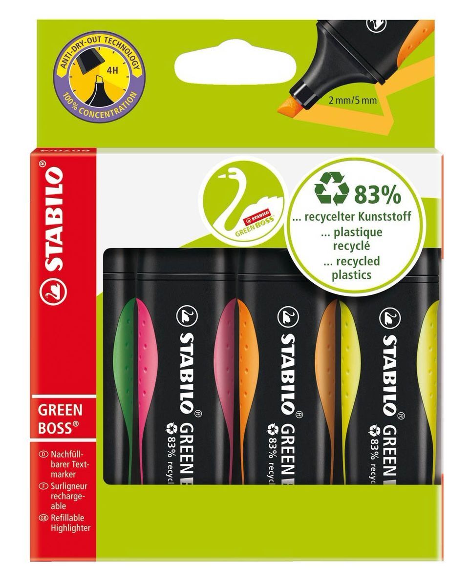 Umweltfreundlicher Textmarker - STABILO GREEN BOSS - 4er Pack - grün, rosa, orange, gelb