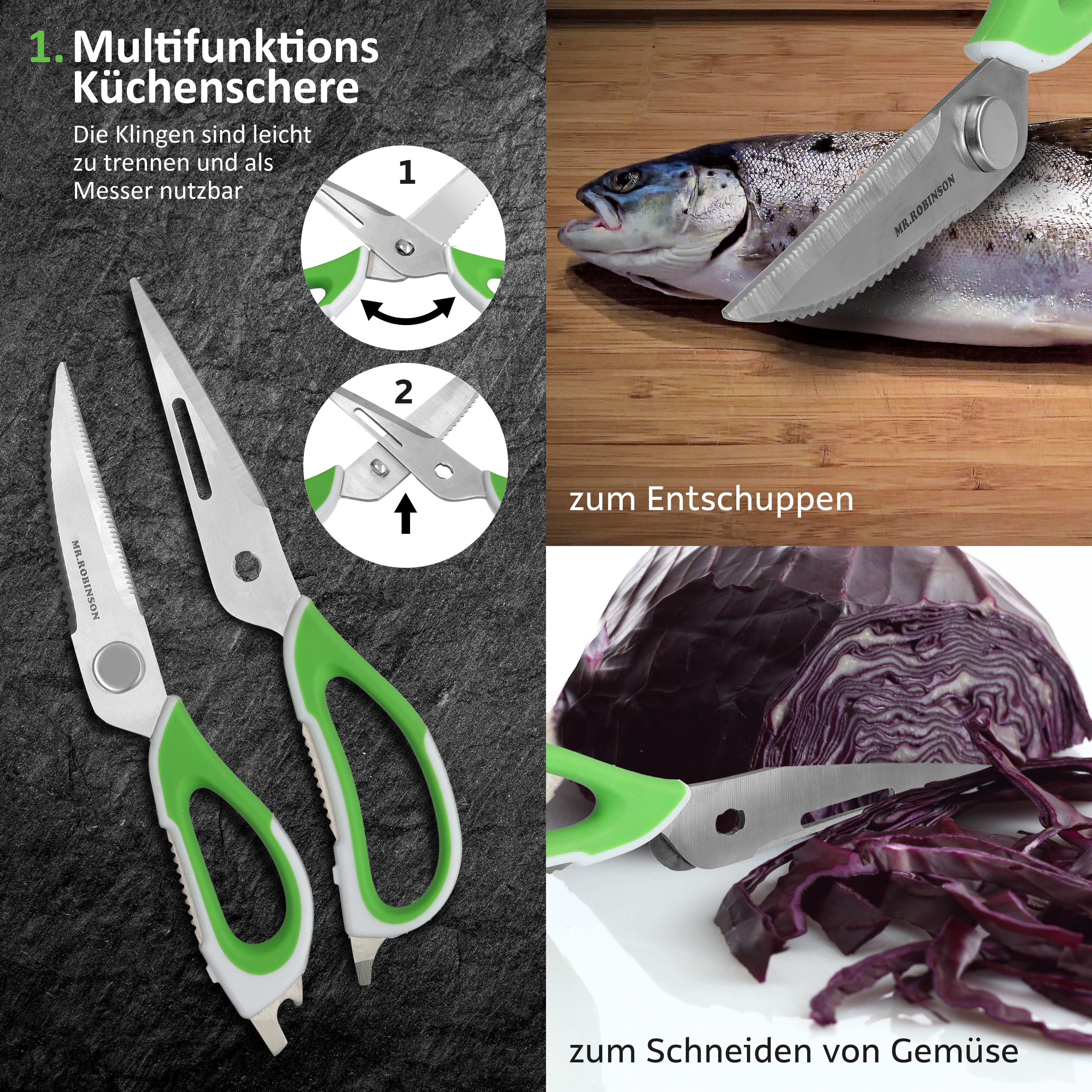MR. ROBINSON Scheren Set - Allzweckschere Küchenschere mit vielen Funktionen - Kräuterschere mit 5fach Klinge - Geflügelschere mit Knochenbrecher - Hochwertiges Scherenset auch für Linkshänder