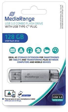USB Stick 3.0 - 128 GB, Kombo-Stick mit USB Type-C Stecker, silber