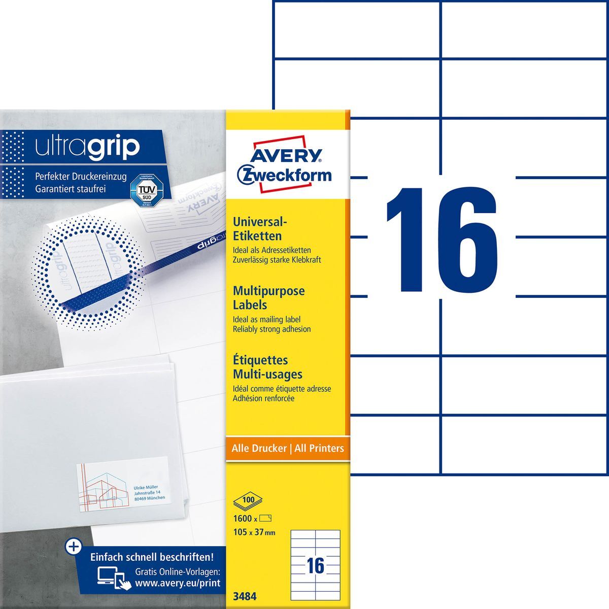 3484 Universal-Etiketten ultragrip - 105 x 37 mm, weiß, 1.600 Etiketten, permanent