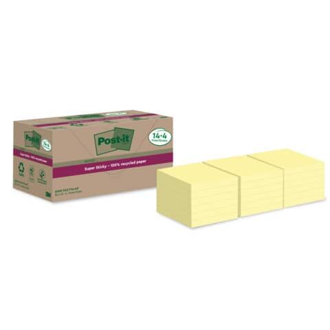 Haftnotiz Super Sticky 100% Recycling Notes - 76 x 76 mm, gelb, 14+4x 70 Blatt
