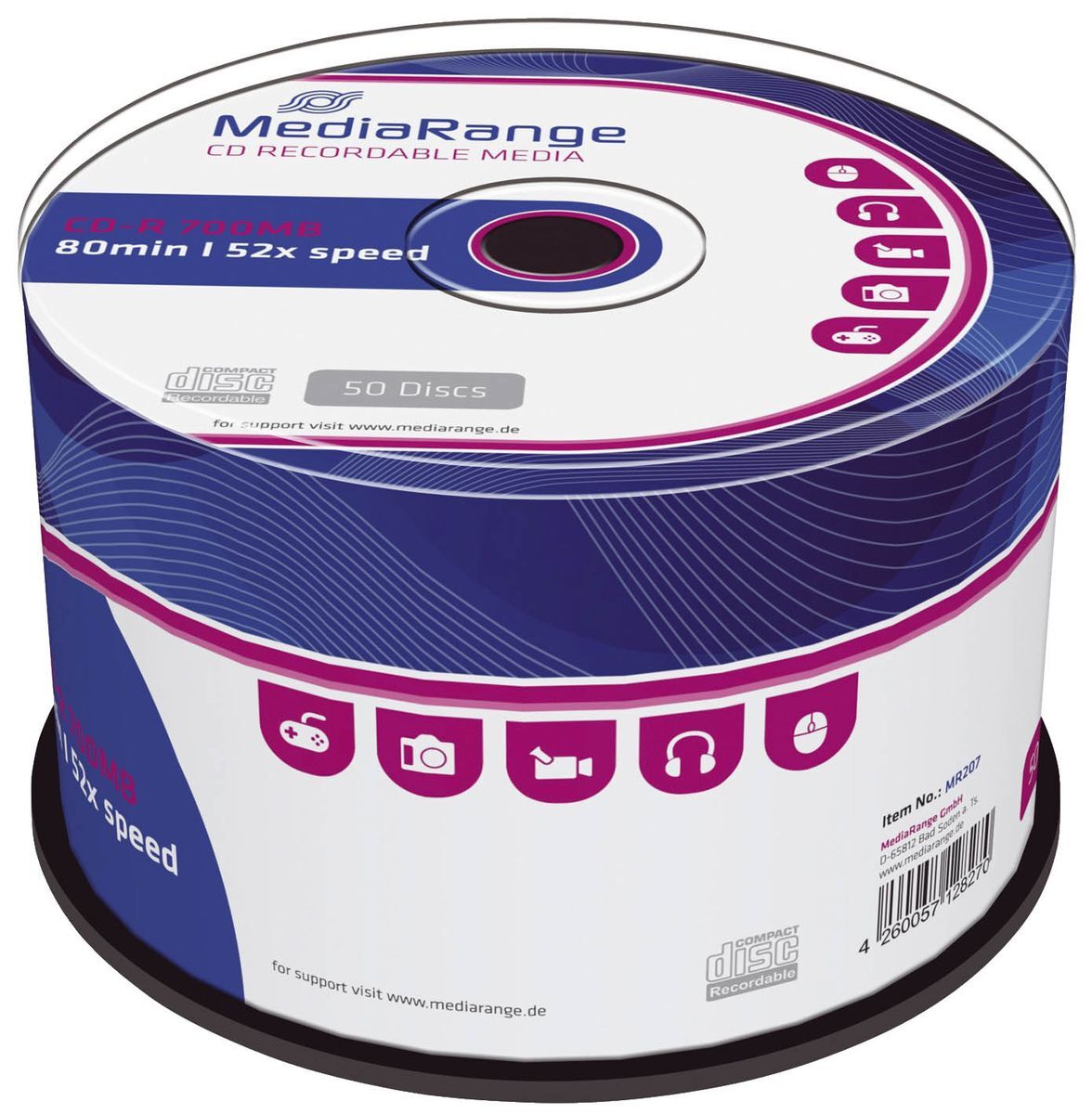 CD-R Rohlinge - 700MB/80Min, 52-fach/Spindel, Packung mit 50 Stück, MR207