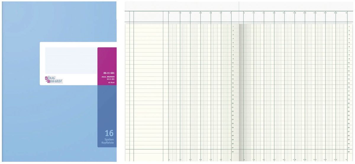 Spaltenbuch Kopfleisten-Ausführung - A4, 16 Spalten, 40 Blatt, Schema über 2 Seite