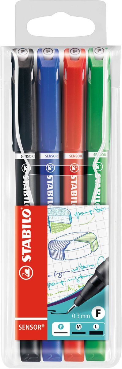 Fineliner mit gefederter Spitze - STABILO SENSOR F - fein - 4er Pack - schwarz, blau, rot, grün