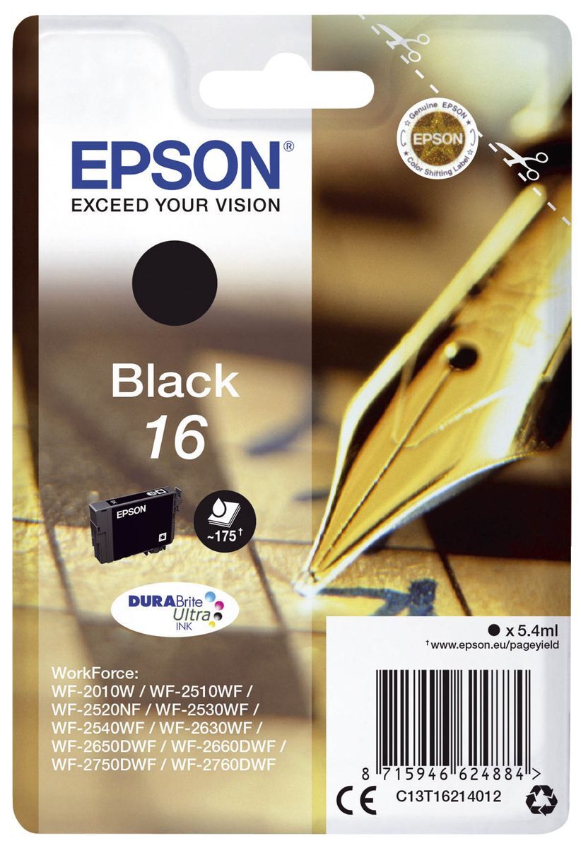 Original Epson Tintenpatrone schwarz (C13T16214012,16,T1621,T16214012)