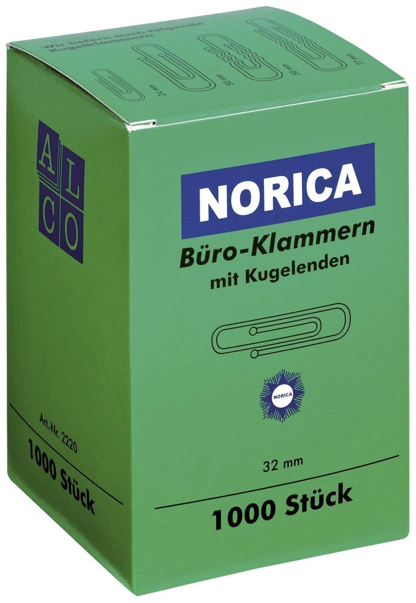 Büroklammern mit Kugelenden - 32 mm glatt, verzinkt, 1.000 Stück